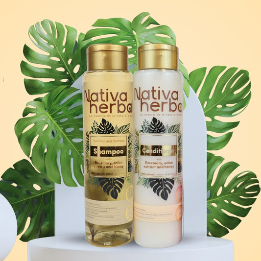 Set de Shampoo y acondicionador herbal de romero y cebolla  (550 ml).