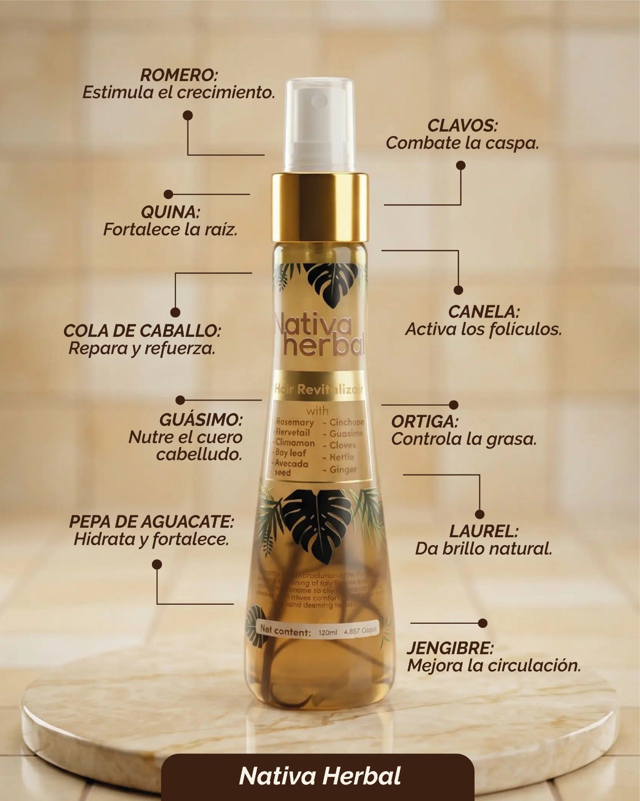 Tónico capilar a base de hierbas para la caída del cabello, con romero, quina y jengibre.
