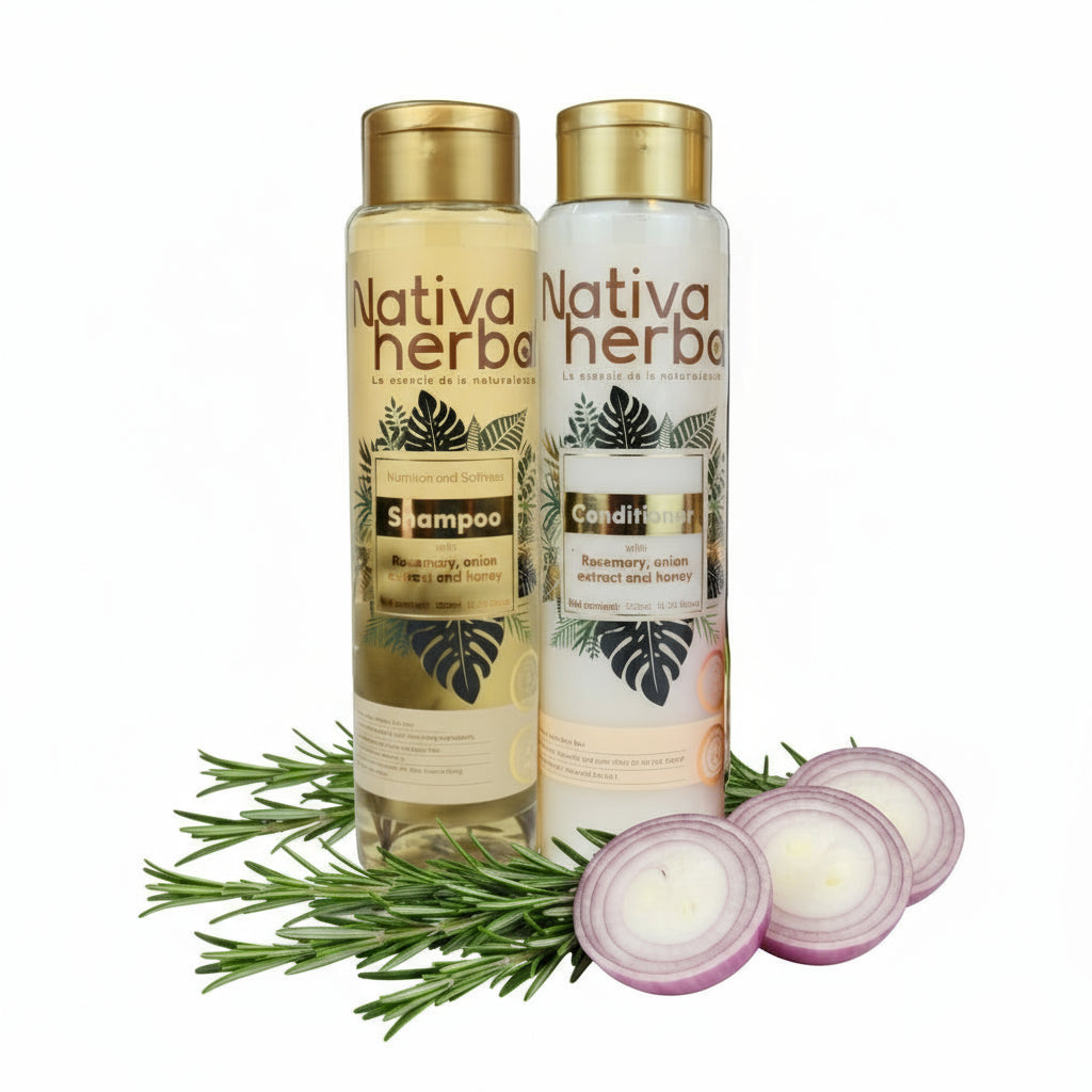 Set de Shampoo y acondicionador herbal de romero y cebolla  (550 ml).